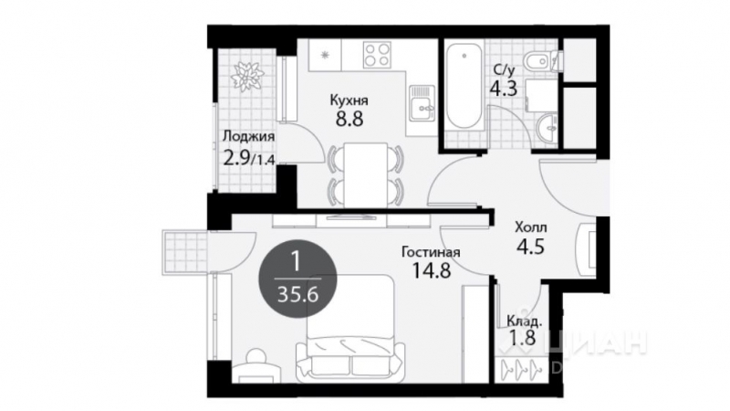 1-комн. квартира, 35,6 м&sup2;